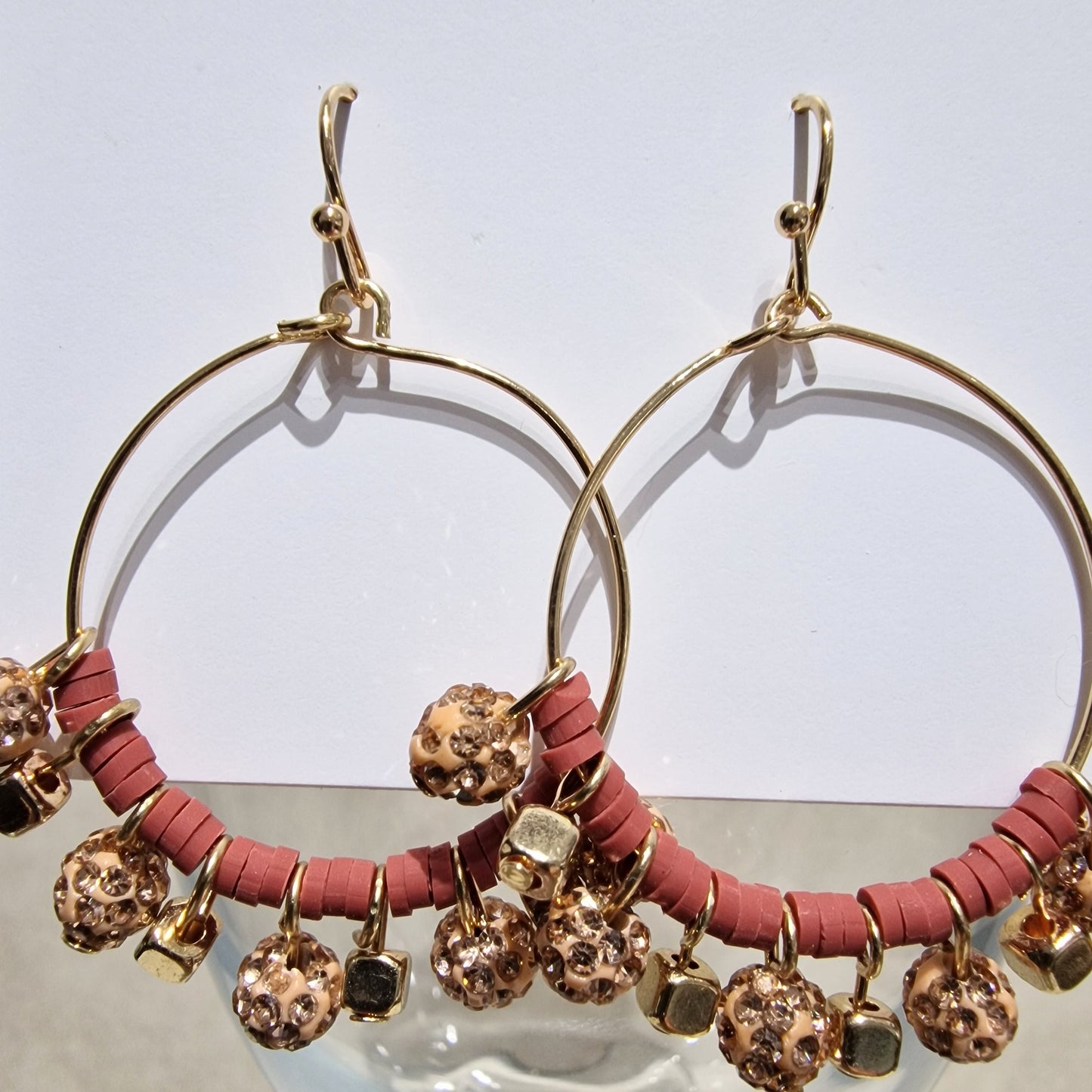 Rose Gold Crystal Ball Beaded Pierced Hoop Fashion Earrings