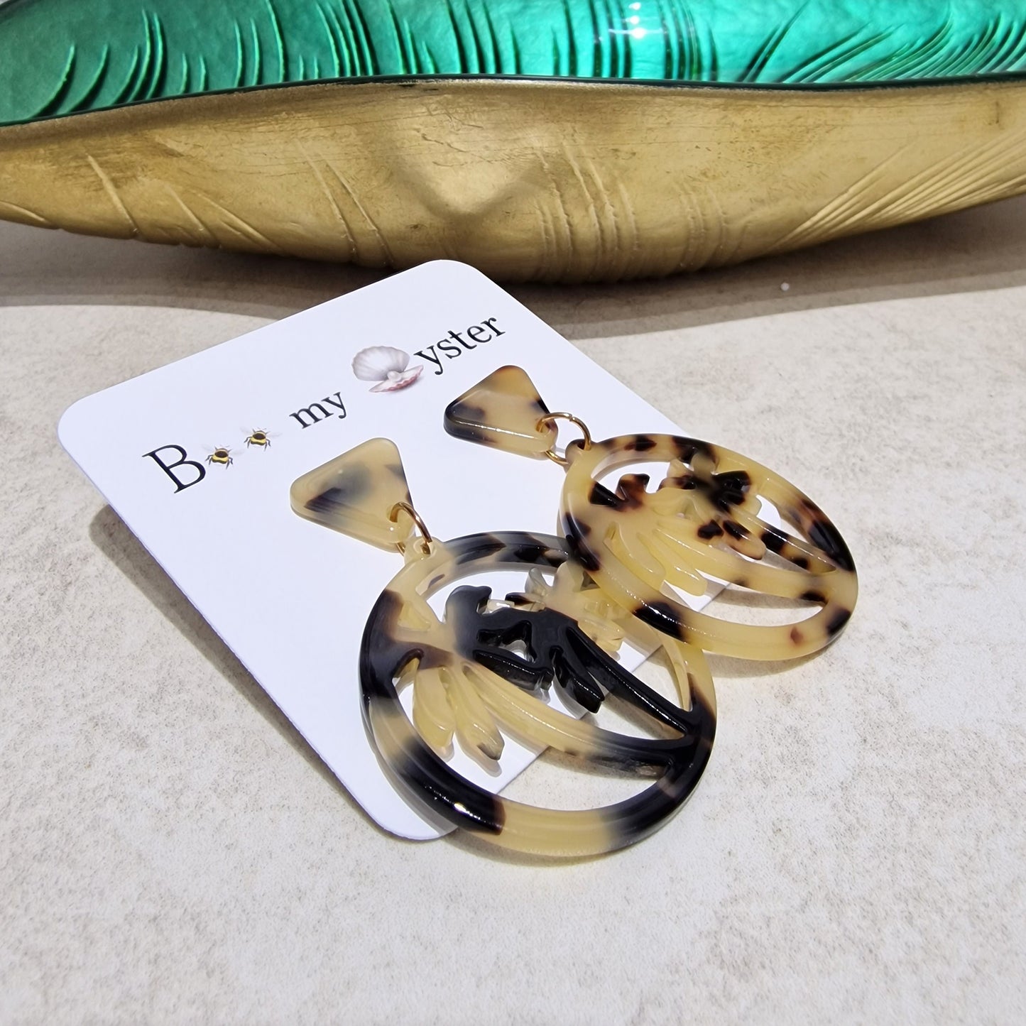 Tortoise Shell Beige Acrylic Palm Tree Pierced Drop Fashion Earrings