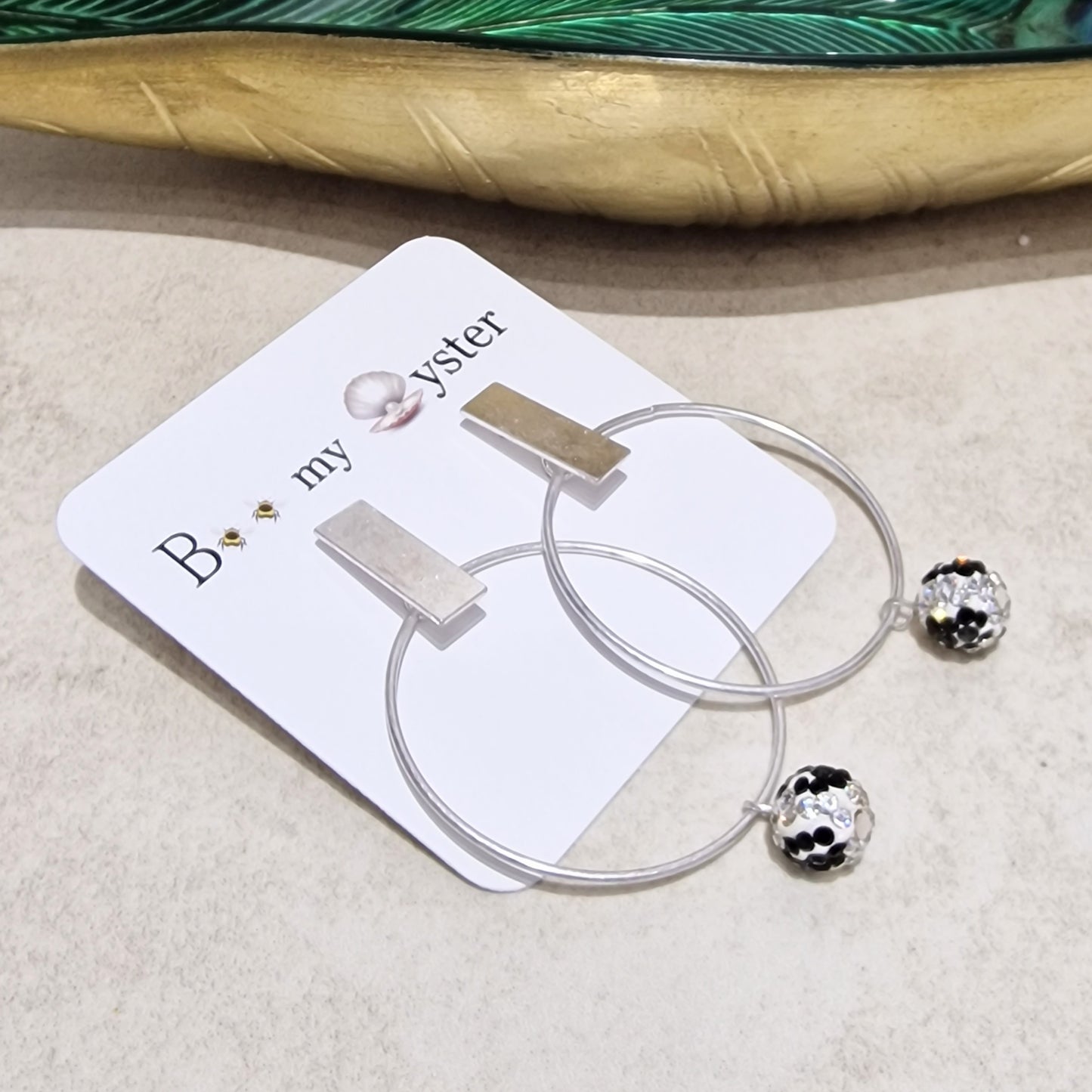 Black & White Crystal Ball Pierced Hoop Silver Fashion Earrings