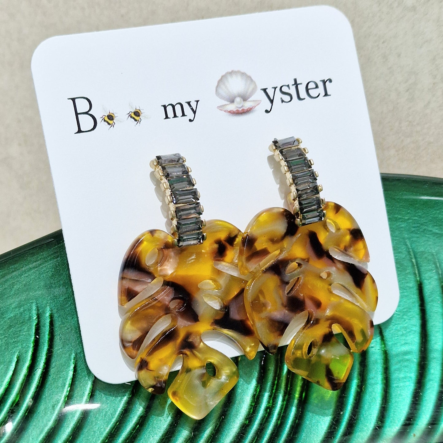 Amber Tortoise Shell Acrylic Palm Leaves Pierced Fashion Earrings