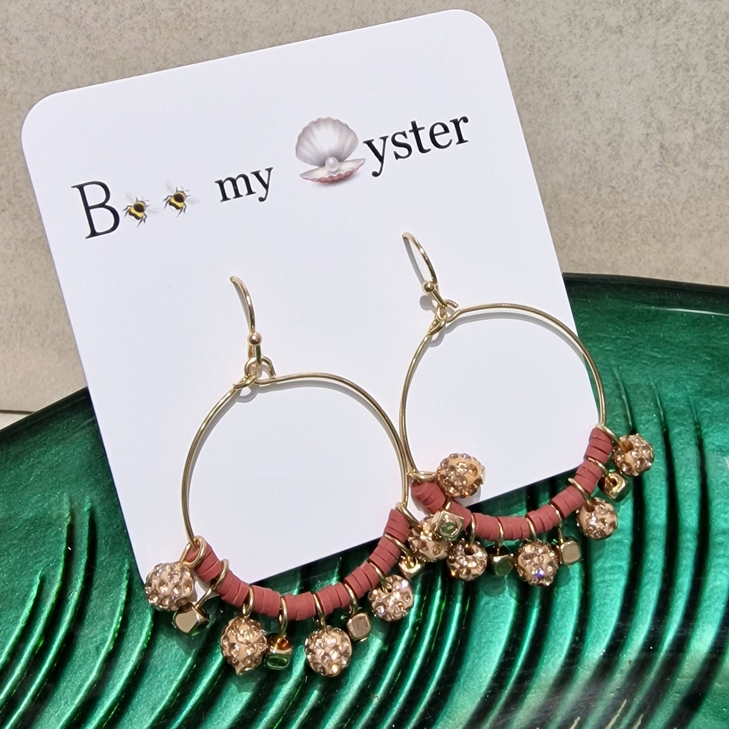 Rose Gold Crystal Ball Beaded Pierced Hoop Fashion Earrings