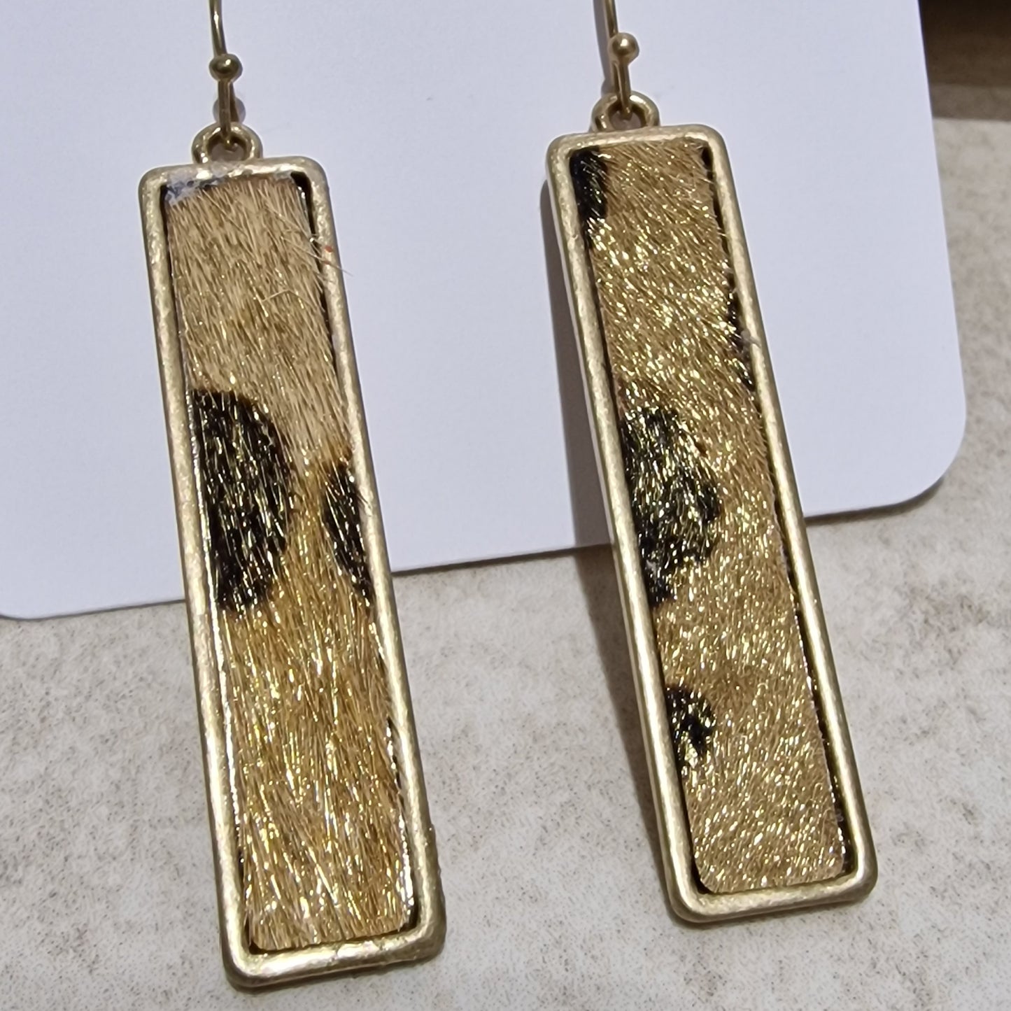 Gold Shimmer Leopard Print Pierced Drop Oblong Fashion Earrings