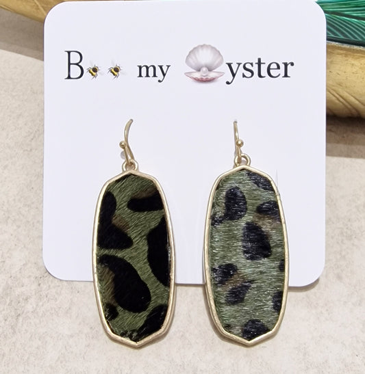 Olive Green Leopard Print Pierced Drop Oblong Fashion Earrings