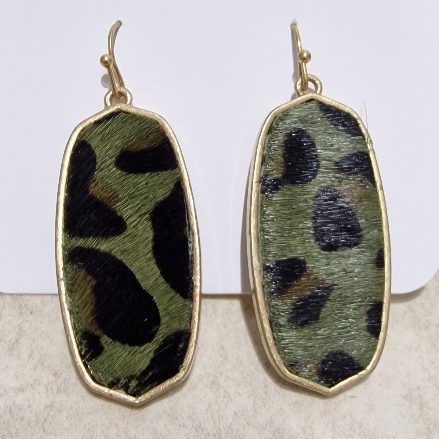 Olive Green Leopard Print Pierced Drop Oblong Fashion Earrings