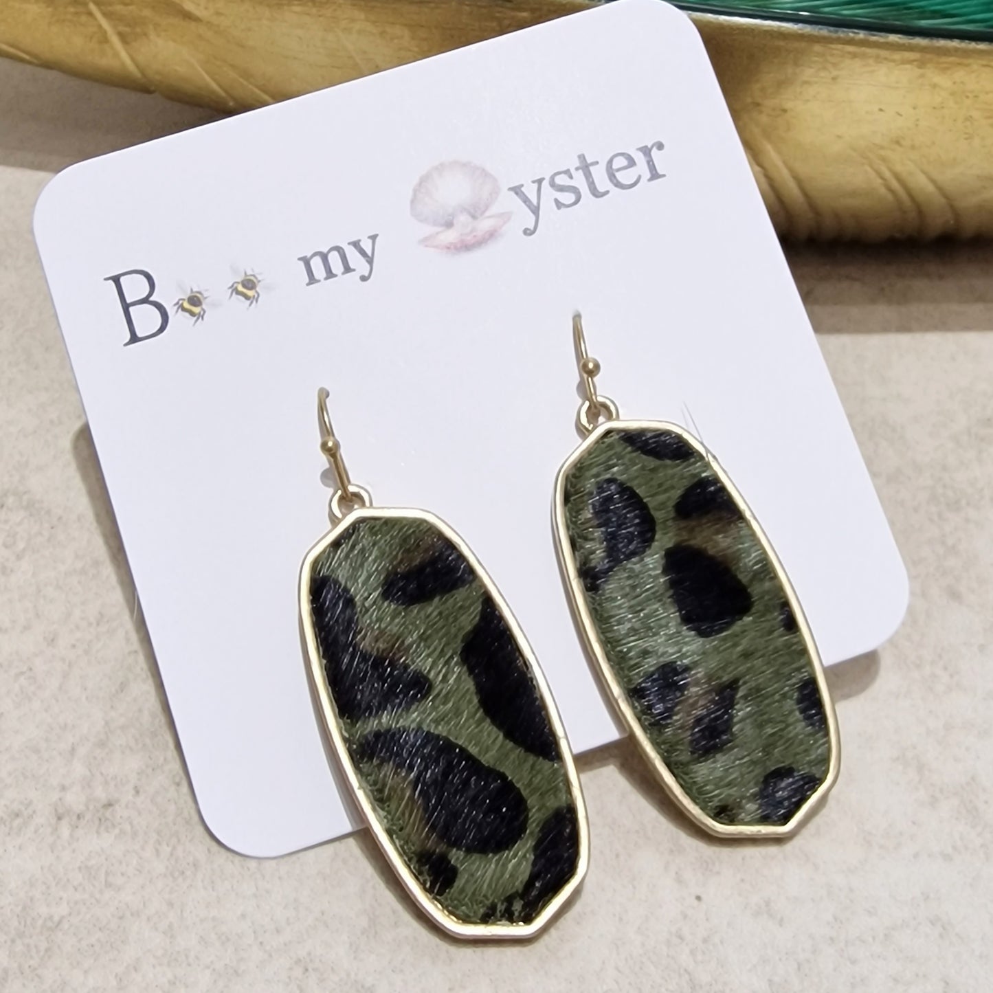 Olive Green Leopard Print Pierced Drop Oblong Fashion Earrings