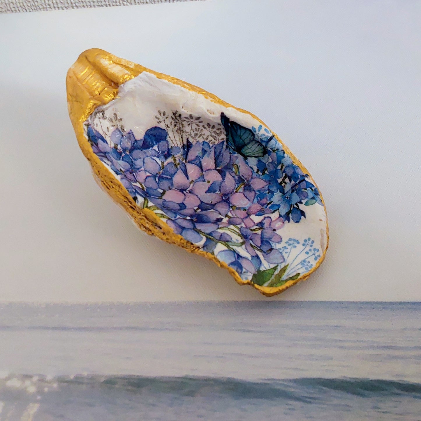 Blue Lilac Hydrangea Flower Special Oyster Shell Trinket Dish