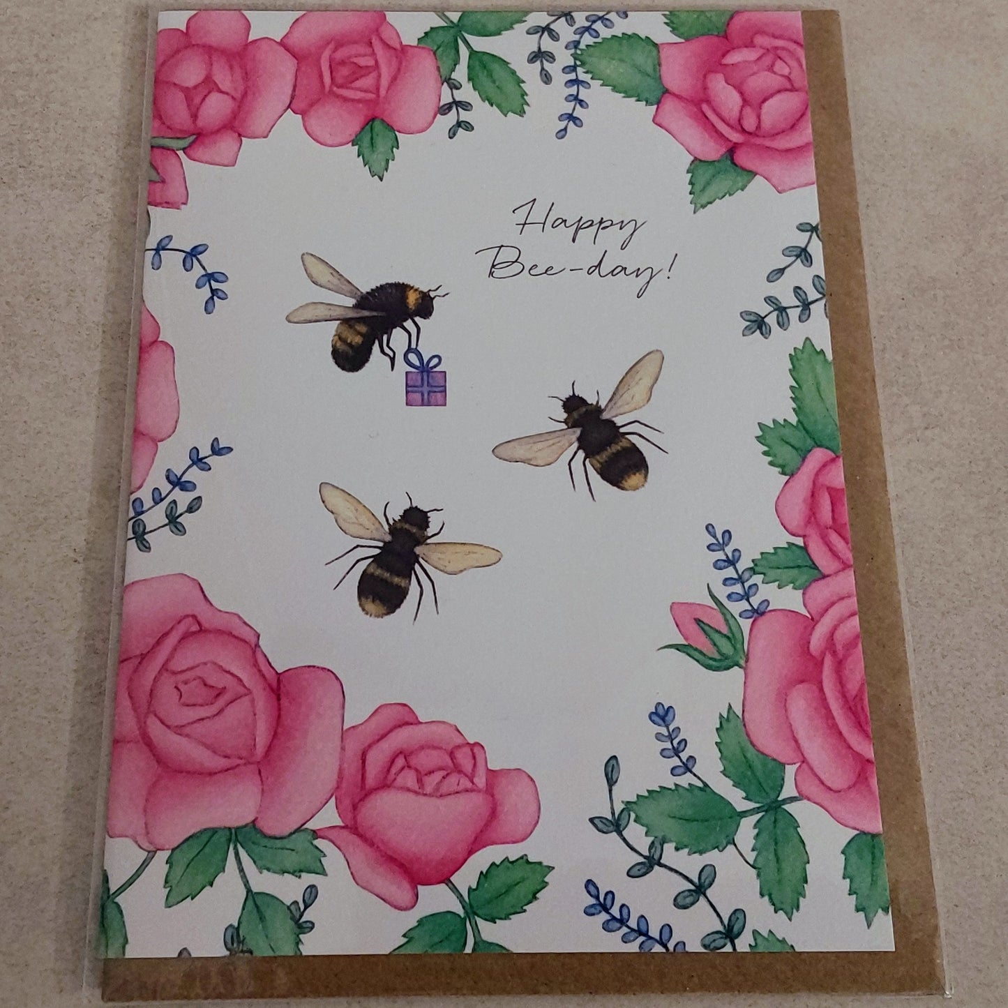 Bumble Bee Birthday Card Gift Blank Inside Honey Bees Pink Roses