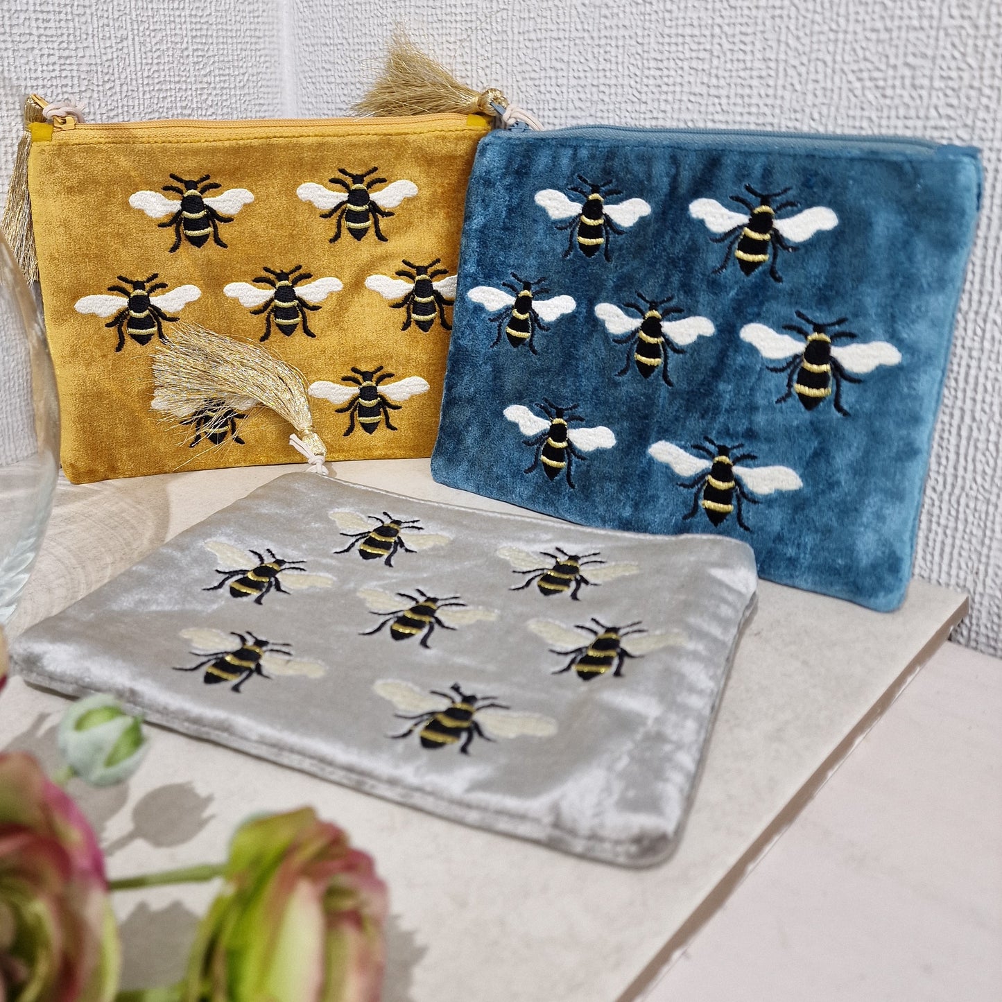 Bumble Bee Velvet Dove Grey Pouch Make Up Bag by POM