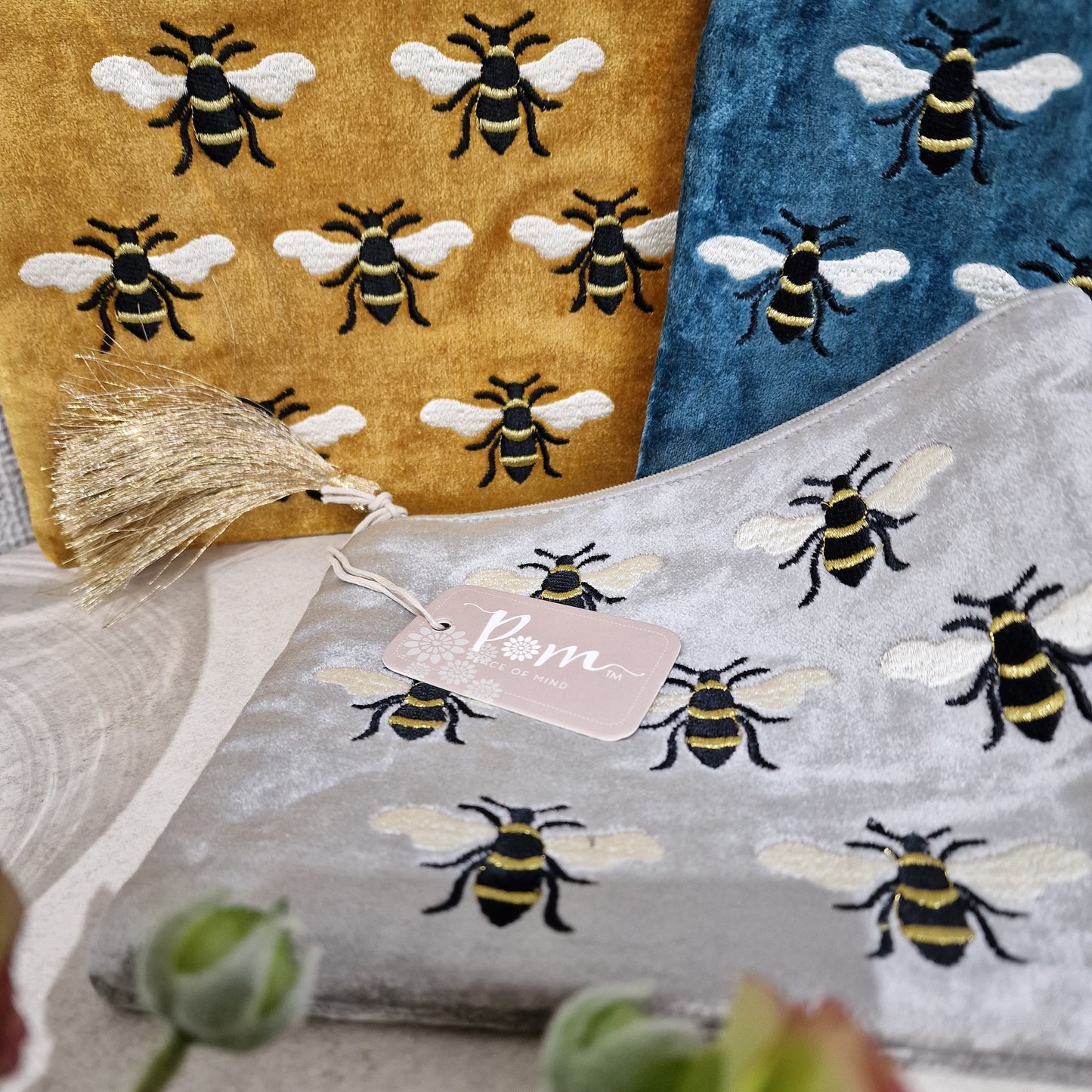 Bumble Bee Velvet Dove Grey Pouch Make Up Bag by POM