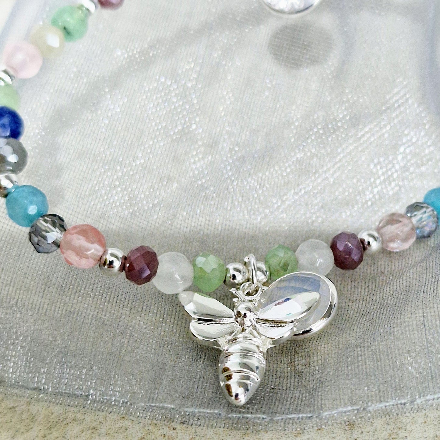 Bee & Crystal Charm Coloured Beaded Silver Plated Bracelet