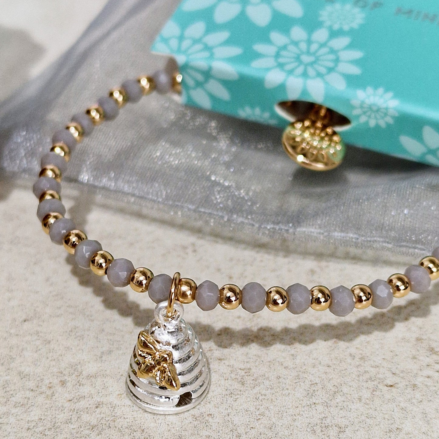 Detailed Honey Bee Beehive Stretch Taupe Bracelet