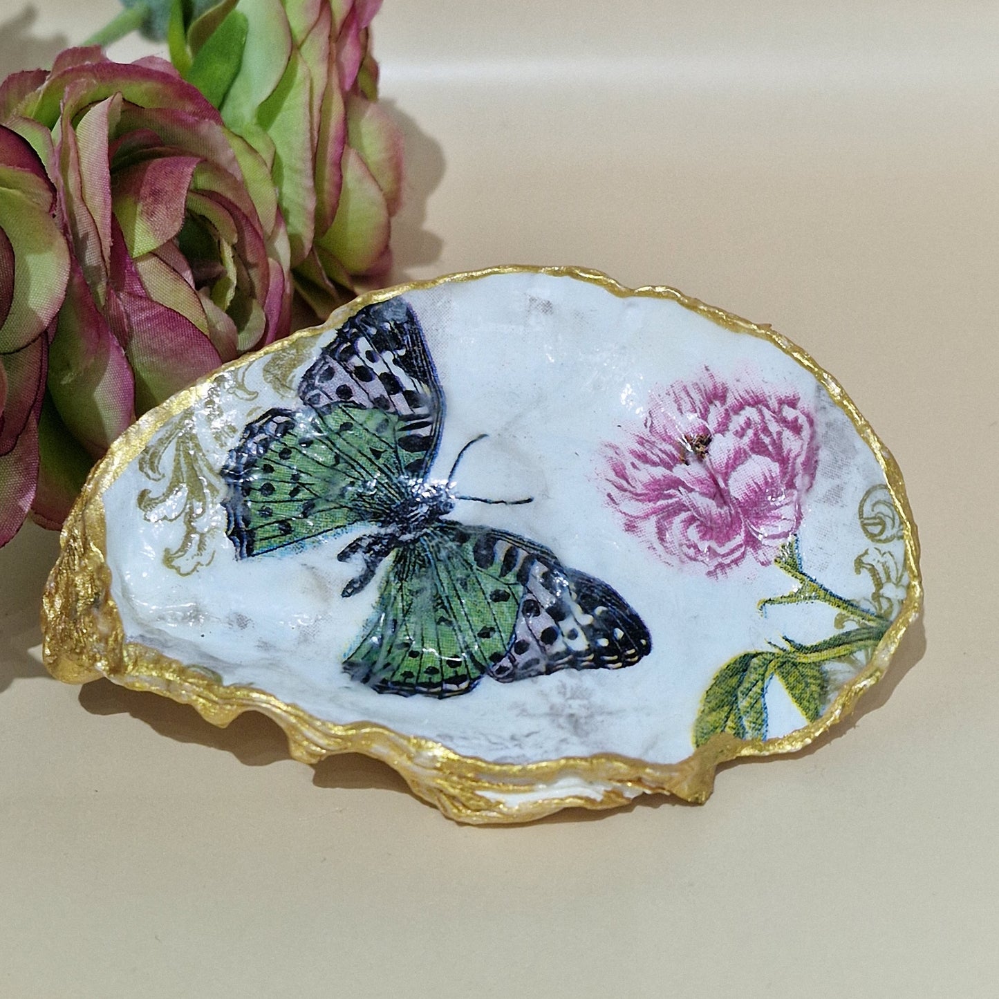 Green Butterfly Rose Flower Oyster Shell Trinket Dish