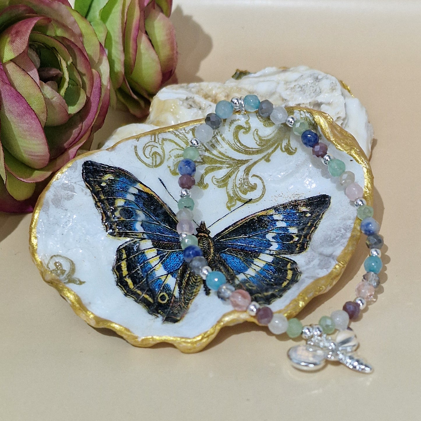 Blue Butterfly Pink Flower Oyster Shell Trinket Dish
