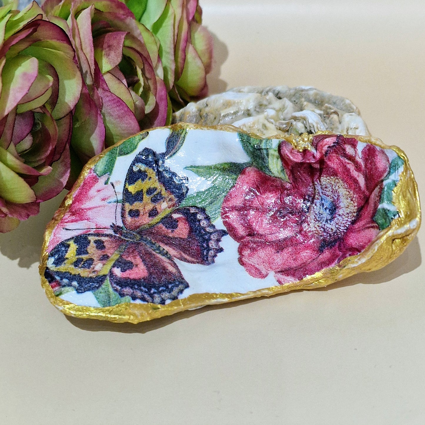 Red Admiral Butterfly Rose Flower Oyster Shell Trinket Dish