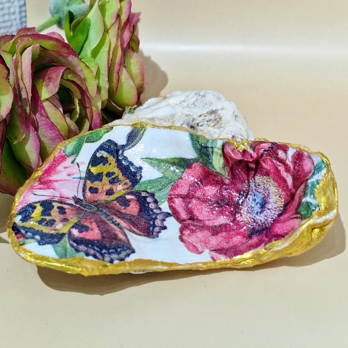 Red Admiral Butterfly Rose Flower Oyster Shell Trinket Dish