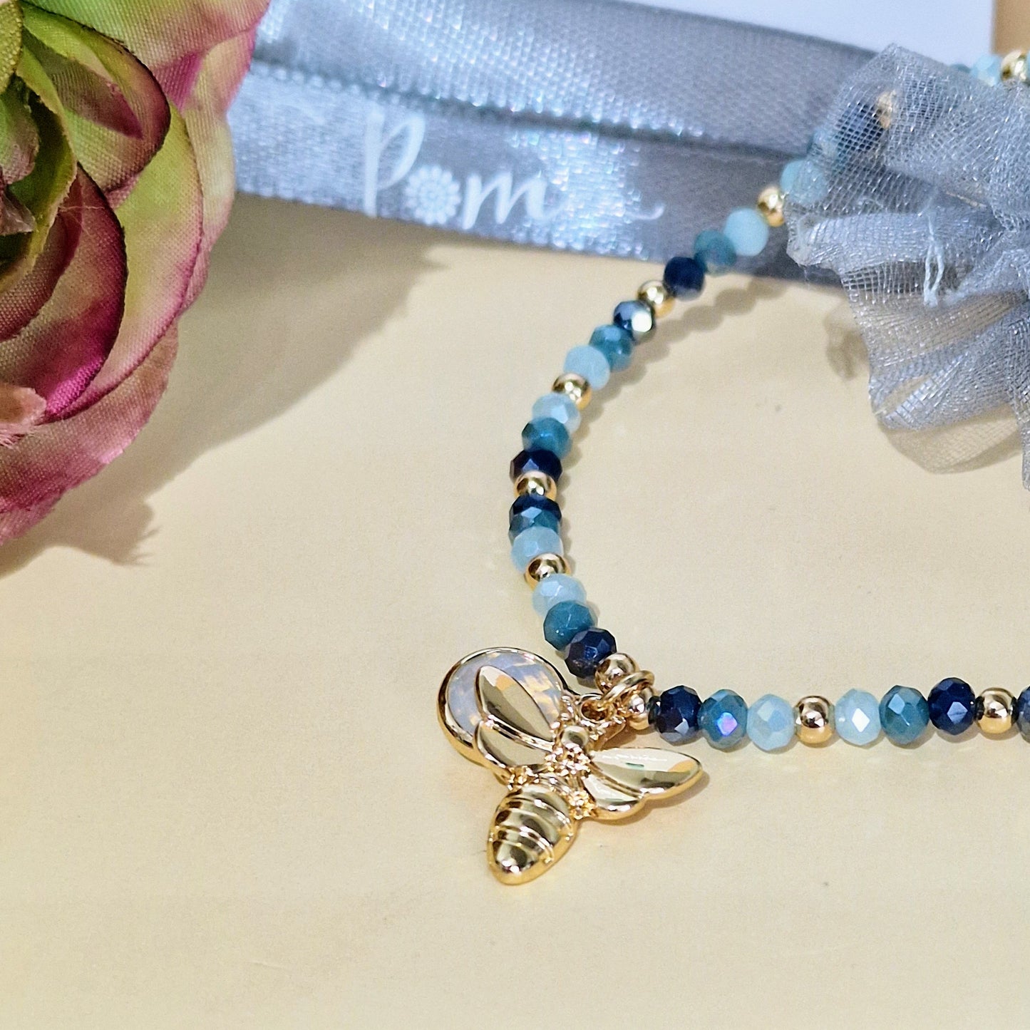 Denim Blue Crystal Beaded Stretch Bracelet Bee Charm by POM