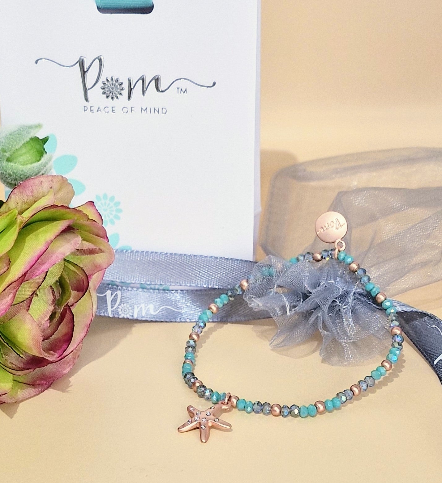Turquoise Bead with Starfish Charm Rose Gold Stretch Bracelet