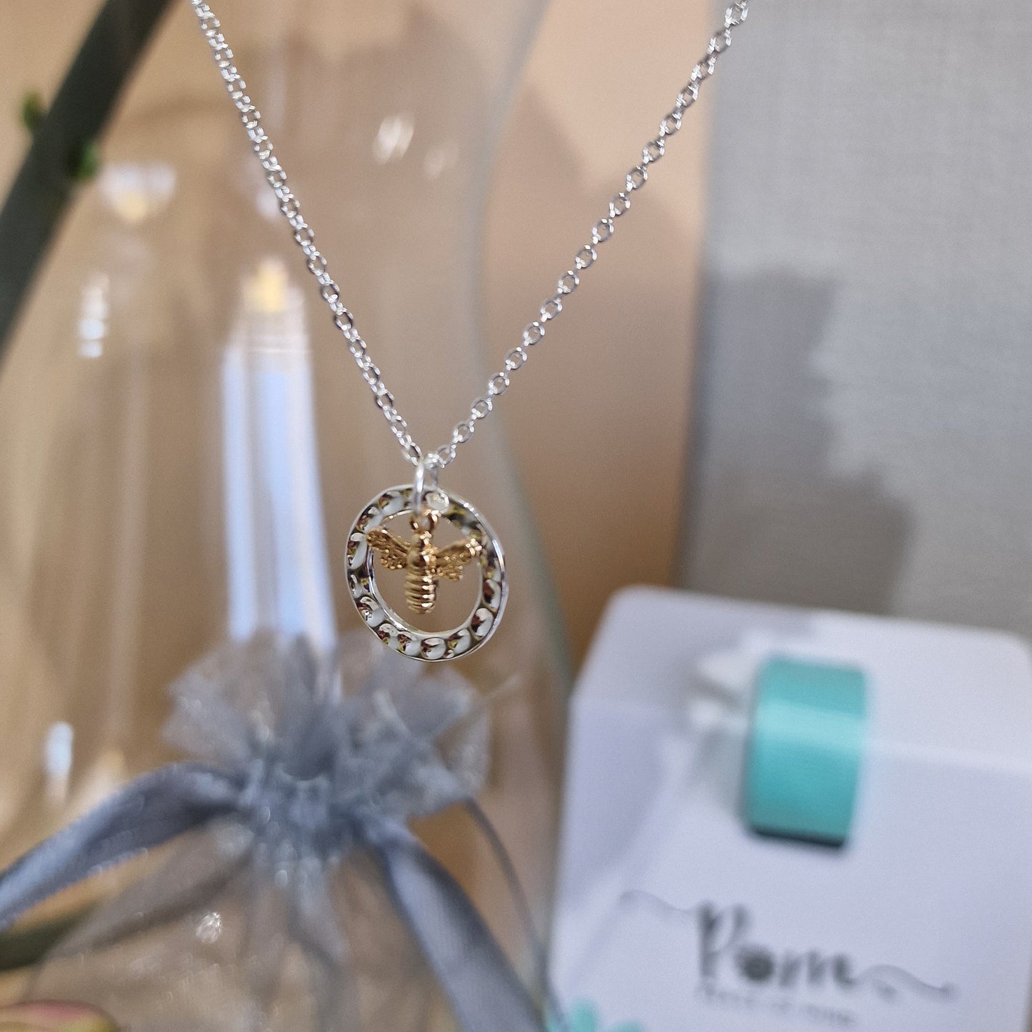 Silver Plated Disc with Gold Bumble Bee Necklace by POM