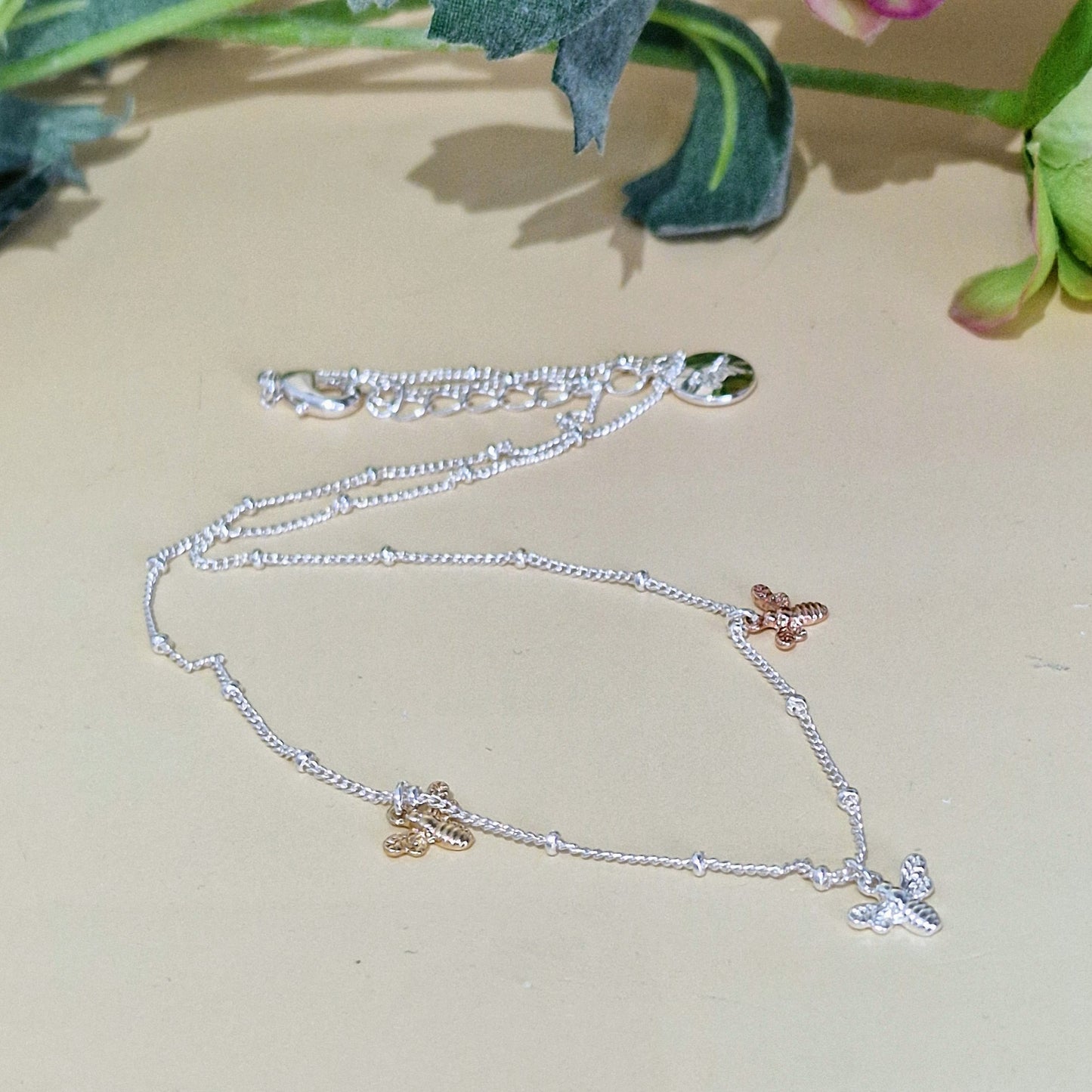 Delicate Trio of Bees on Silver Plated Necklace